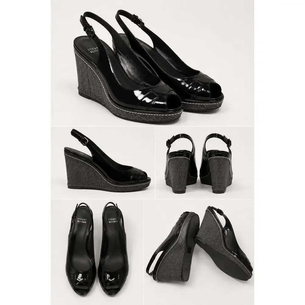 Stuart Weitzman Black Patent Leather Slingback Wedge Sandals – Women’s Size 9M